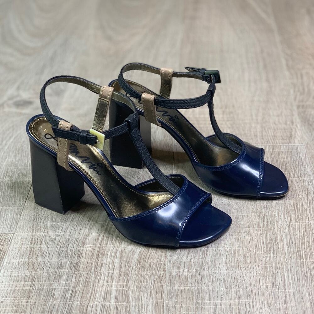 LANVIN Women's Navy Colorblock Chunky Heel Leather Sandal